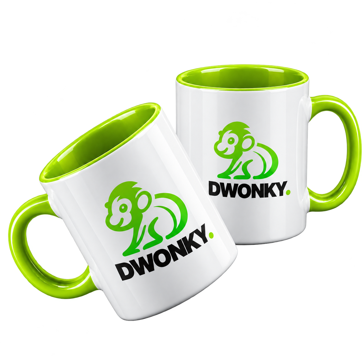 Tazas bicolores con interior y asa verde lima y logotipo empresarial DWONKY